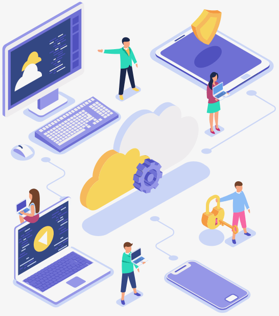 illustration containing digital cloud services, with people working to representing the share solution